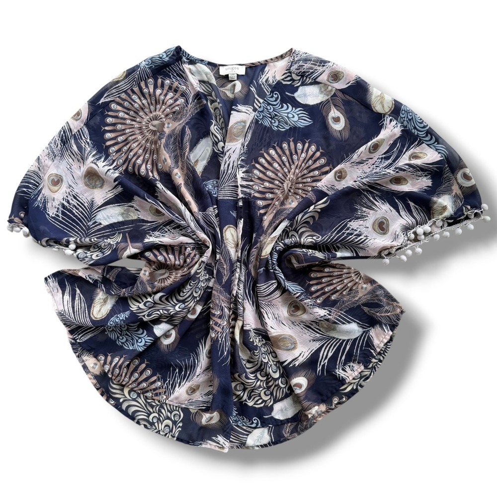 Umgee Womens S/M Navy Blue Peacock Print Feather Pom Trim Sheer Kimono Wrap Boho